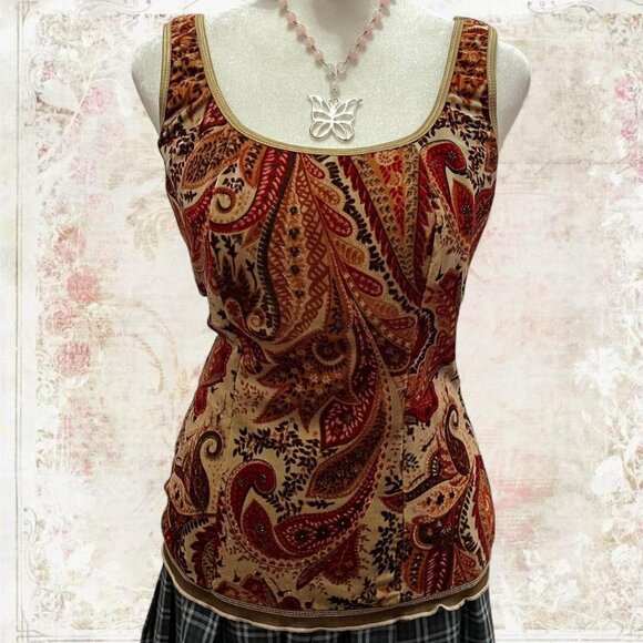 Cream and Burgundy Velvet Paisley Tank Top - Picture 1 of 7